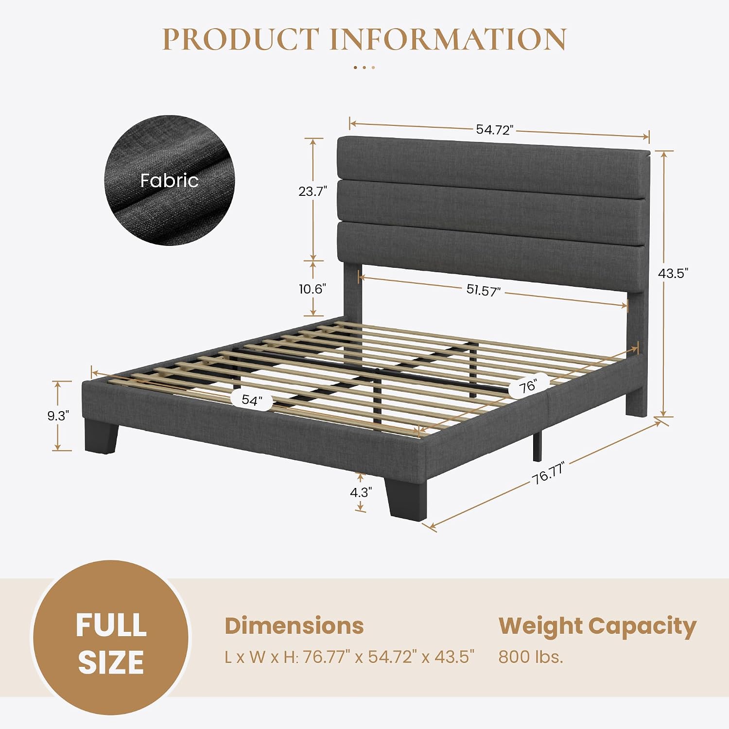 SHA CERLIN Full Platform Bed Frame with Upholstered Fabric Headboard, Mattress Foundation with Strong Wooden Slats Support, No Box Spring Needed, Grey