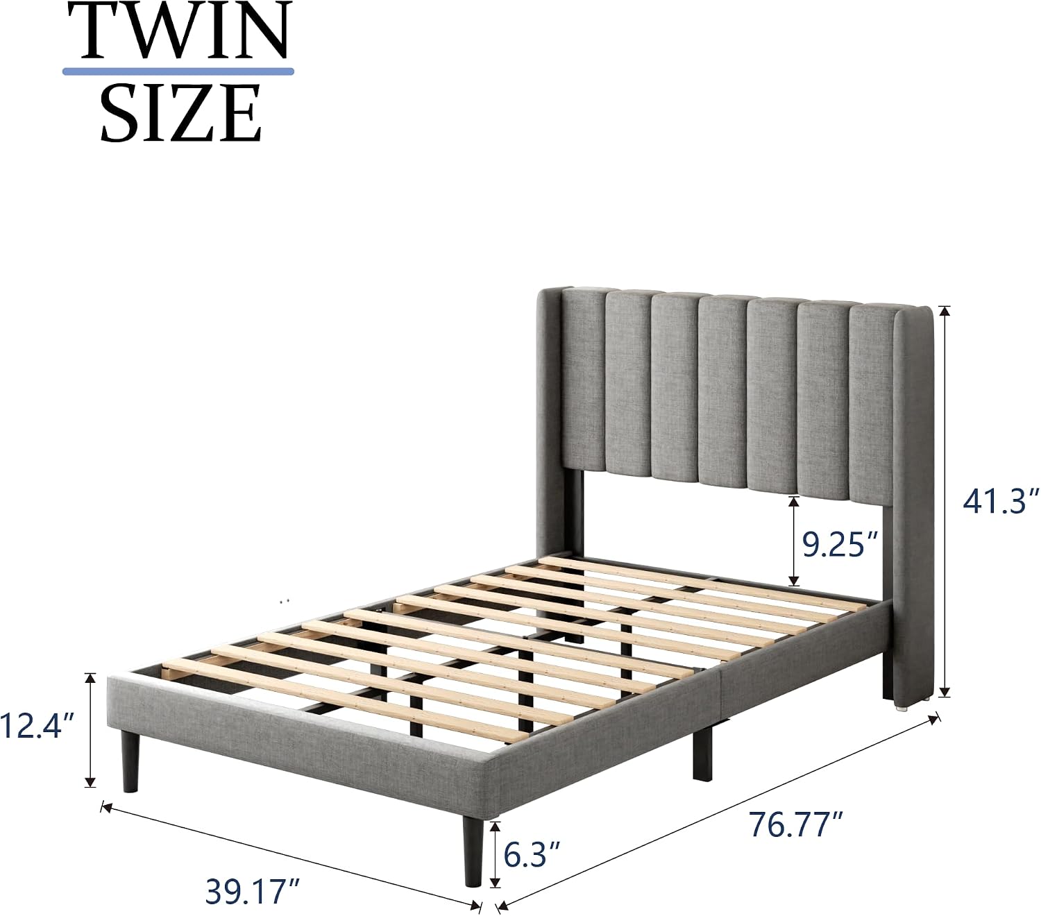 Gruwans Twin Bed Frames with Wingback Headboard, Upholstered Platform Beds, No Box Spring Needed Sturdy Wooden Slat Support, Easy Assemble, Light Gray