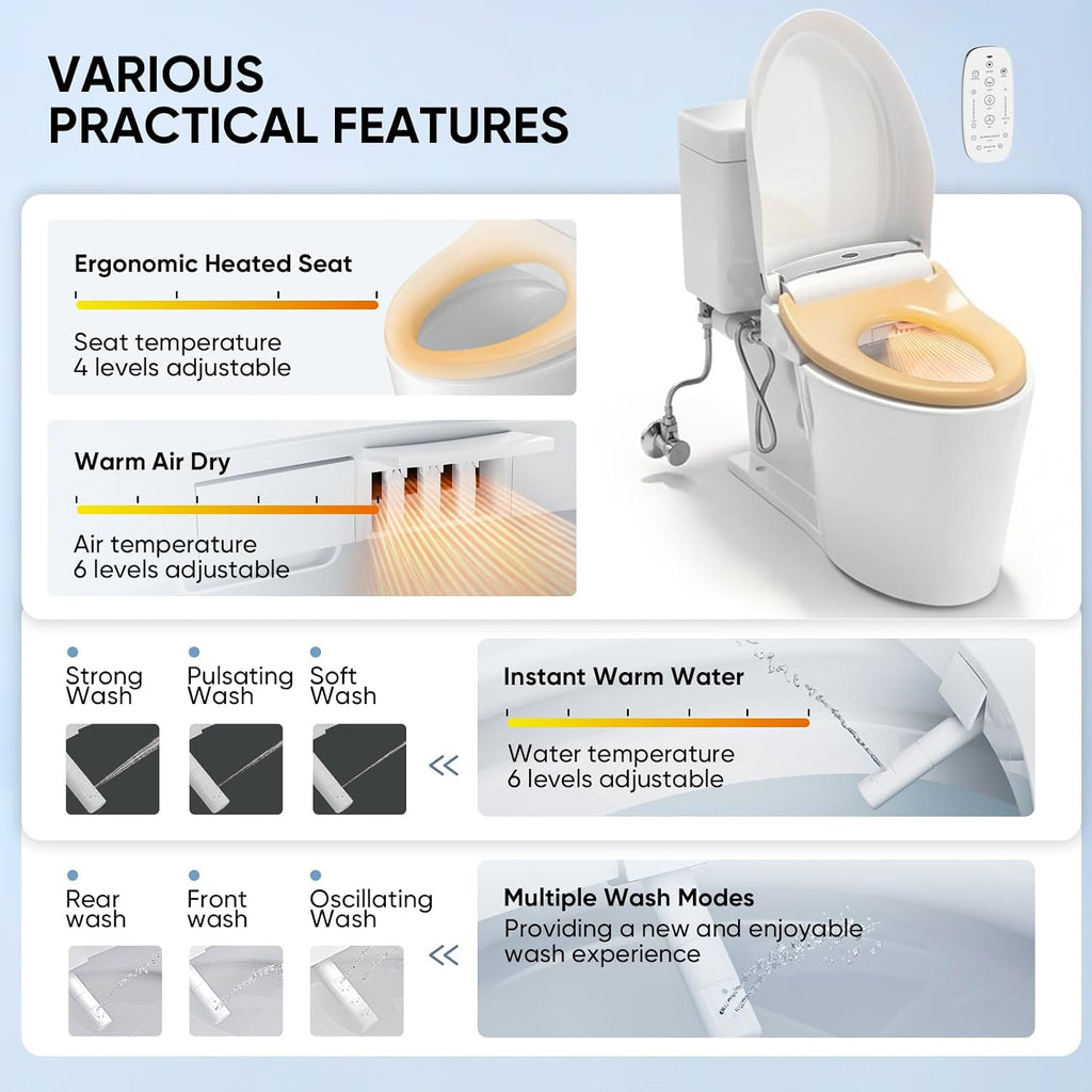 LEIVI Electric Bidet Toilet Seat with Wireless Remote and Side Panel, Multiple Spray Modes, Adjustable Heated Seat, Warm Water and Air Dryer, Auto LED Nightlight, Round