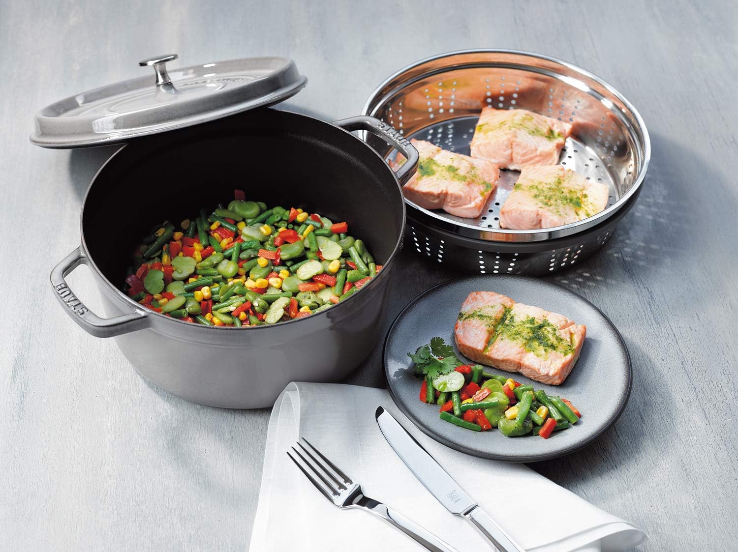 Staub La Cocotte Round 40510-605 Pico Cocotte Round Gray, 10.2 inches (26 cm) Steamer Set, Large, Both Handed Castings, Enameled Pot, Induction Compatible