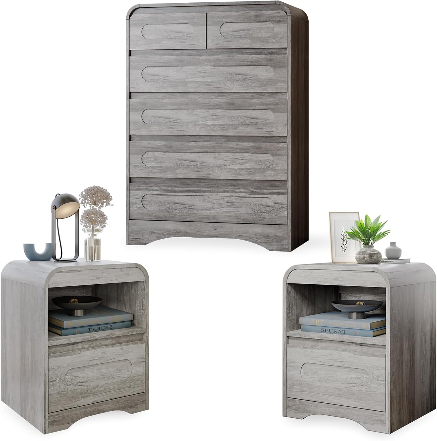 3 Piece Bedroom Set, Dresser and Nightstand Sets for Bedroom, Wood 6 Drawer Dresser & Night Stand Set of 2, Tall Chest of Drawers Modern Storage Cabinet Bedroom Furniture Set, Grey