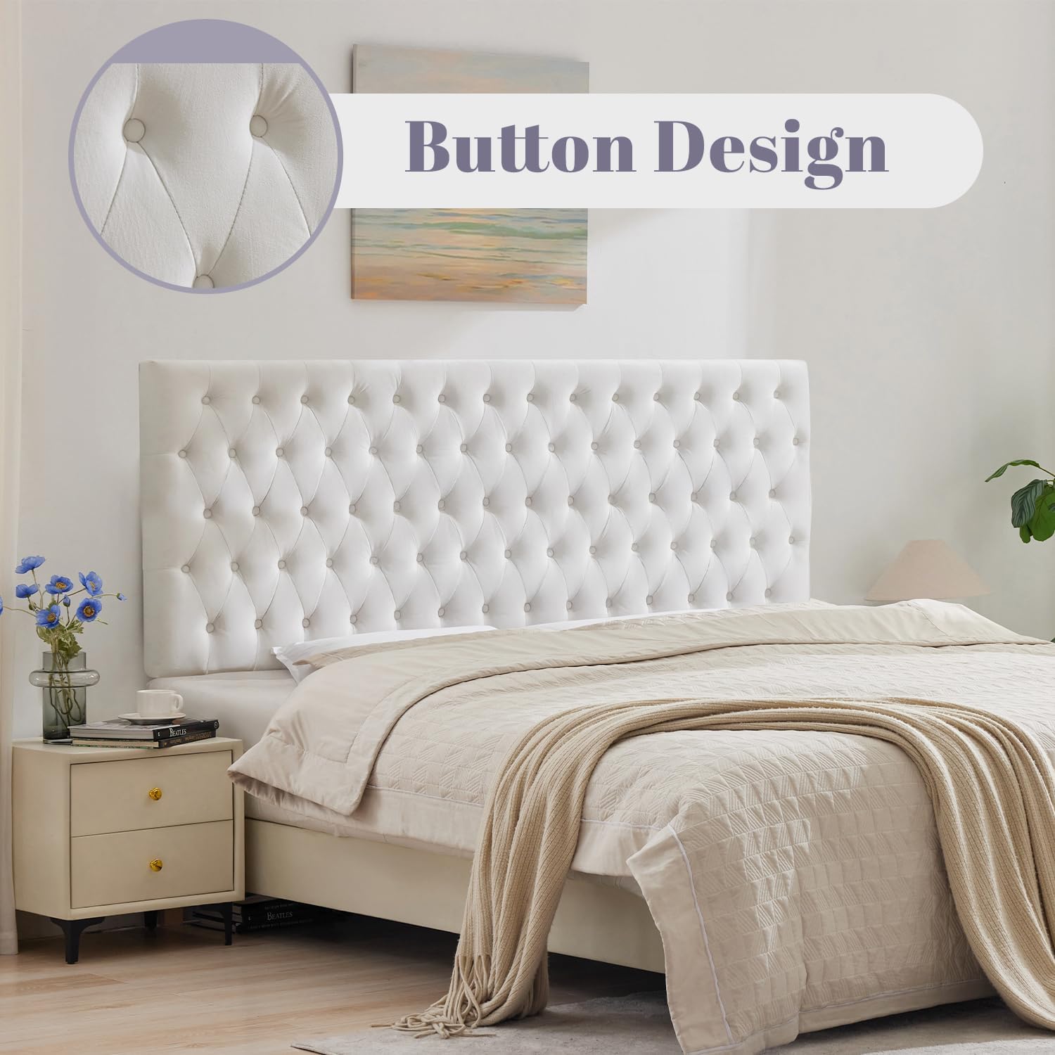 Kingfun Upholstered Queen Headboard Only, Premium Velvet Button Tufted Headboards, Adjustable Solid Wood Head Board, Padded Headboard with Solid Wood Legs in Bedroom (White)