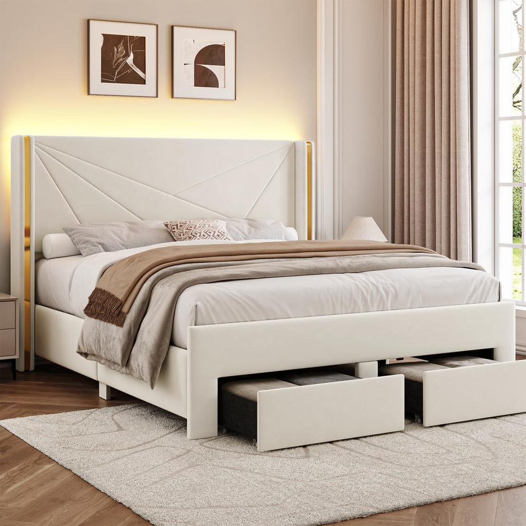 Full Size Bed Frame with Storage Drawers and Wingback Headboard, Velvet Upholstered Full Bed Frames Platform Bed with LED Lights, Wooden Slats Support, No Box Spring Needed, Noise-Free, Beige
