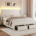 Full Size Bed Frame with Storage Drawers and Wingback Headboard, Velvet Upholstered Full Bed Frames Platform Bed with LED Lights, Wooden Slats Support, No Box Spring Needed, Noise-Free, Beige