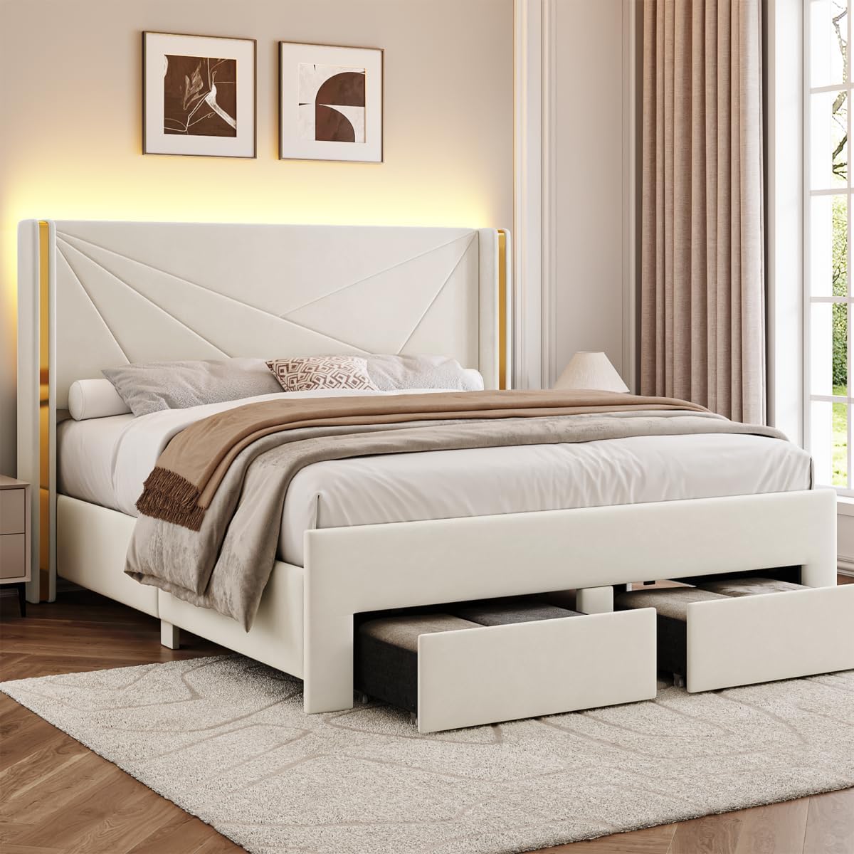 Full Size Bed Frame with Storage Drawers and Wingback Headboard, Velvet Upholstered Full Bed Frames Platform Bed with LED Lights, Wooden Slats Support, No Box Spring Needed, Noise-Free, Beige