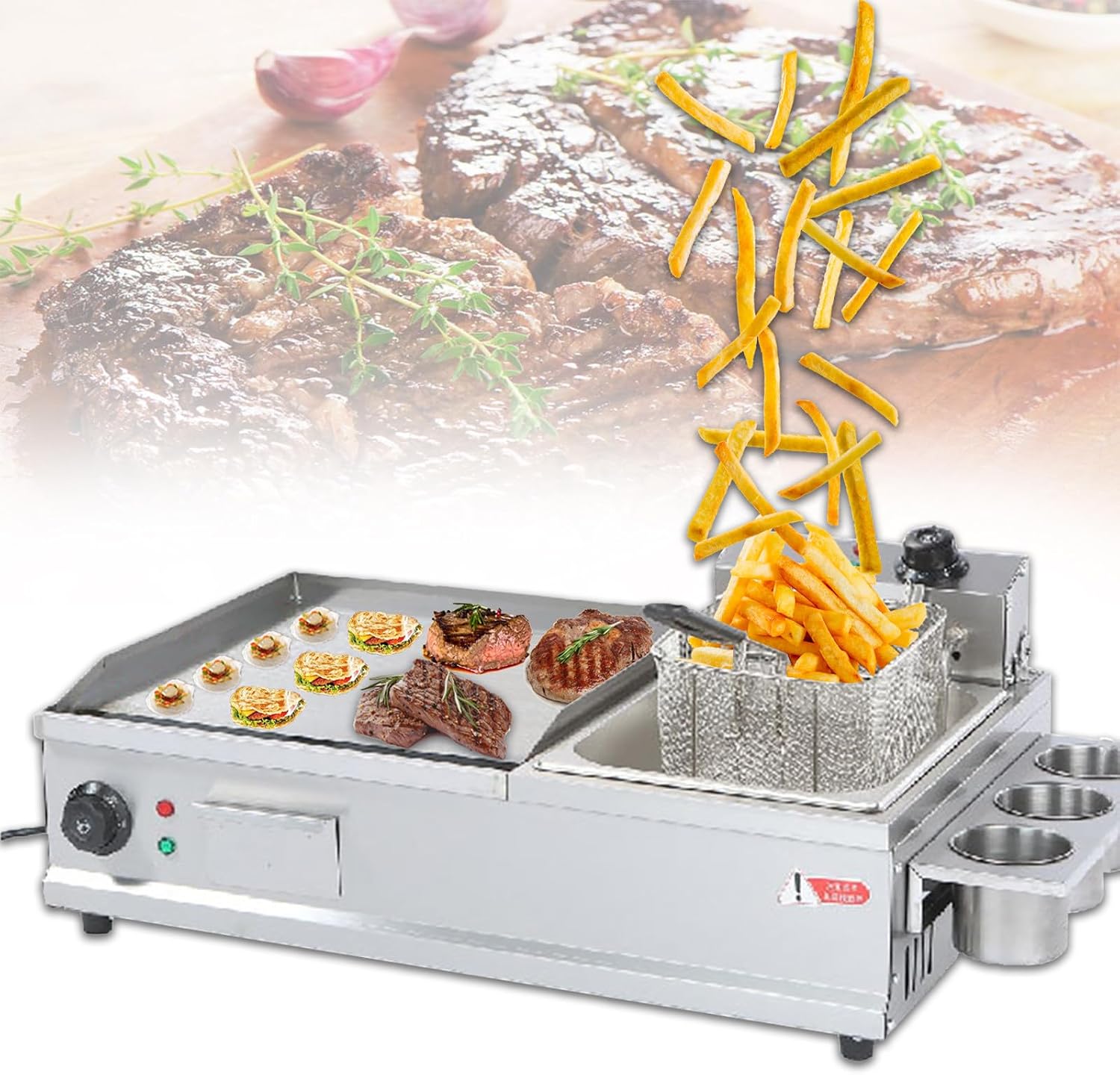 Electric Griddle Pan Large, Commercial Griddle and Deep Fryer, Countertop Flat Top Grill with Seasoning Rack, for Restaurant (S)