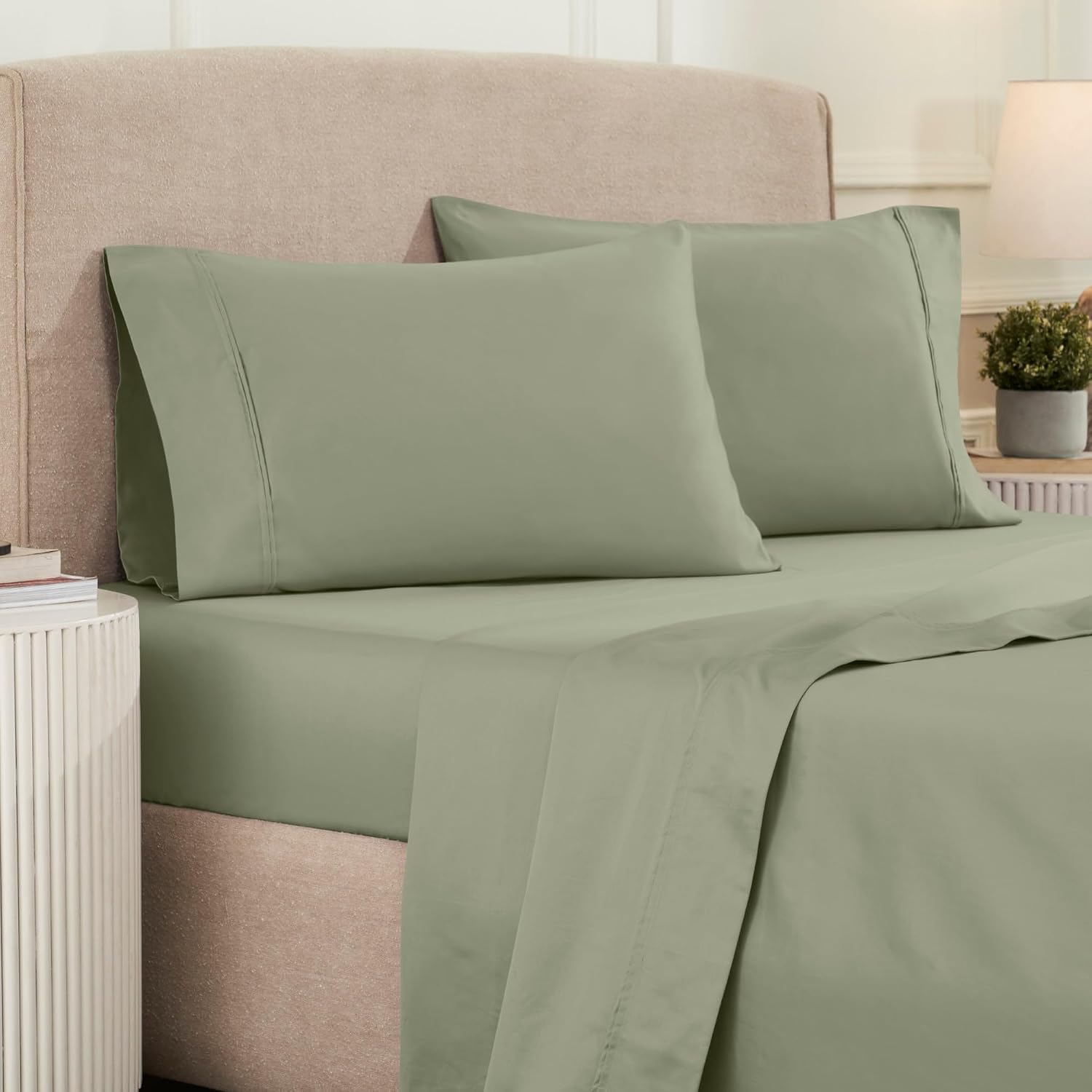 Superior 1200 Thread Count Egyptian Cotton Sheet Set, Bedroom Sheets, Modern Home Essentials, Luxury Bedding, 1 Elastic Deep Pocket Fitted Bed Sheet, 1 Flat Sheet, 2 Pillowcases, King, Sage