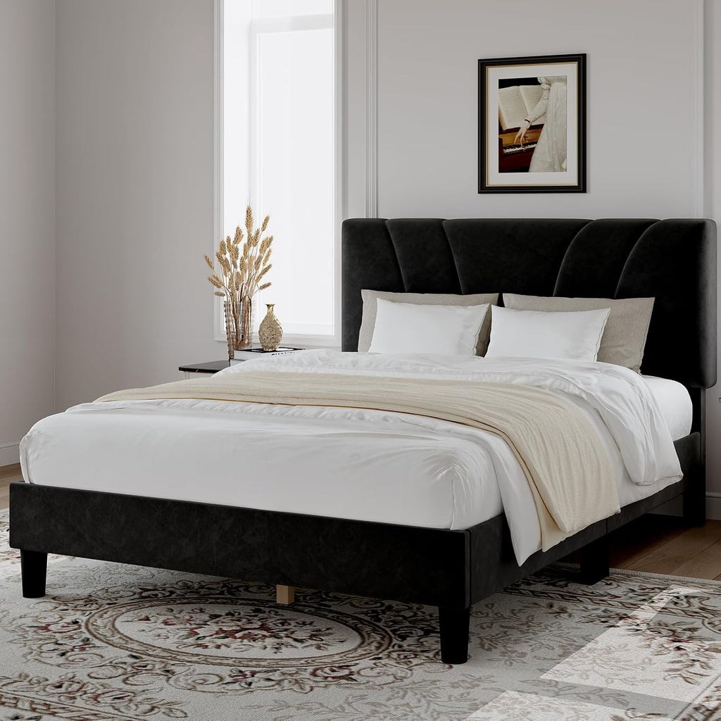 Novilla Queen Bed Frame, Queen Size Bed Frame with Wooden Slats Support, Velvet Upholstered Headboard, No Box Spring Needed, Heavy Duty Feet, Easy Assembly, Black Velvet