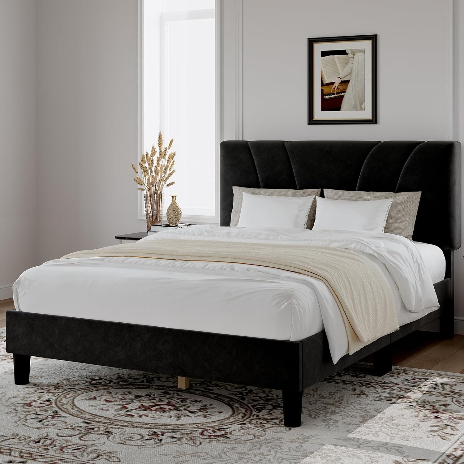 Novilla Full Size Bed Frame with Headboard, Full Bed Frame with Wooden Slats Support, Velvet Upholstered Headboard, No Box Spring Needed, Heavy Duty Feet, Easy Assembly, Black Velvet