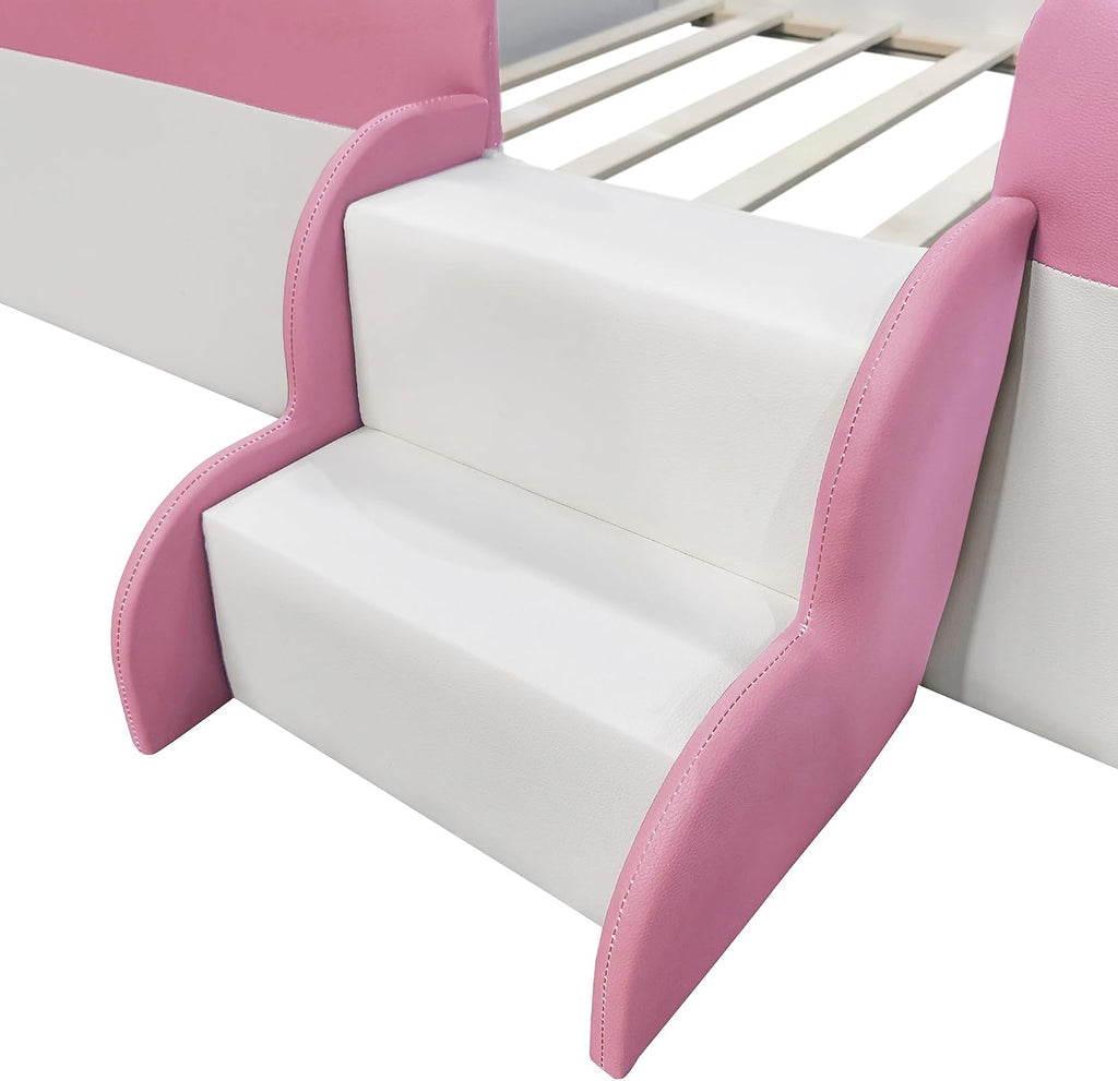 VilroCaz Full Size Upholstered Daybed Frame with Fence and Stairs, Montessori Kids Floor Bed with Sturdy Slat Support for Kids Boys Girls