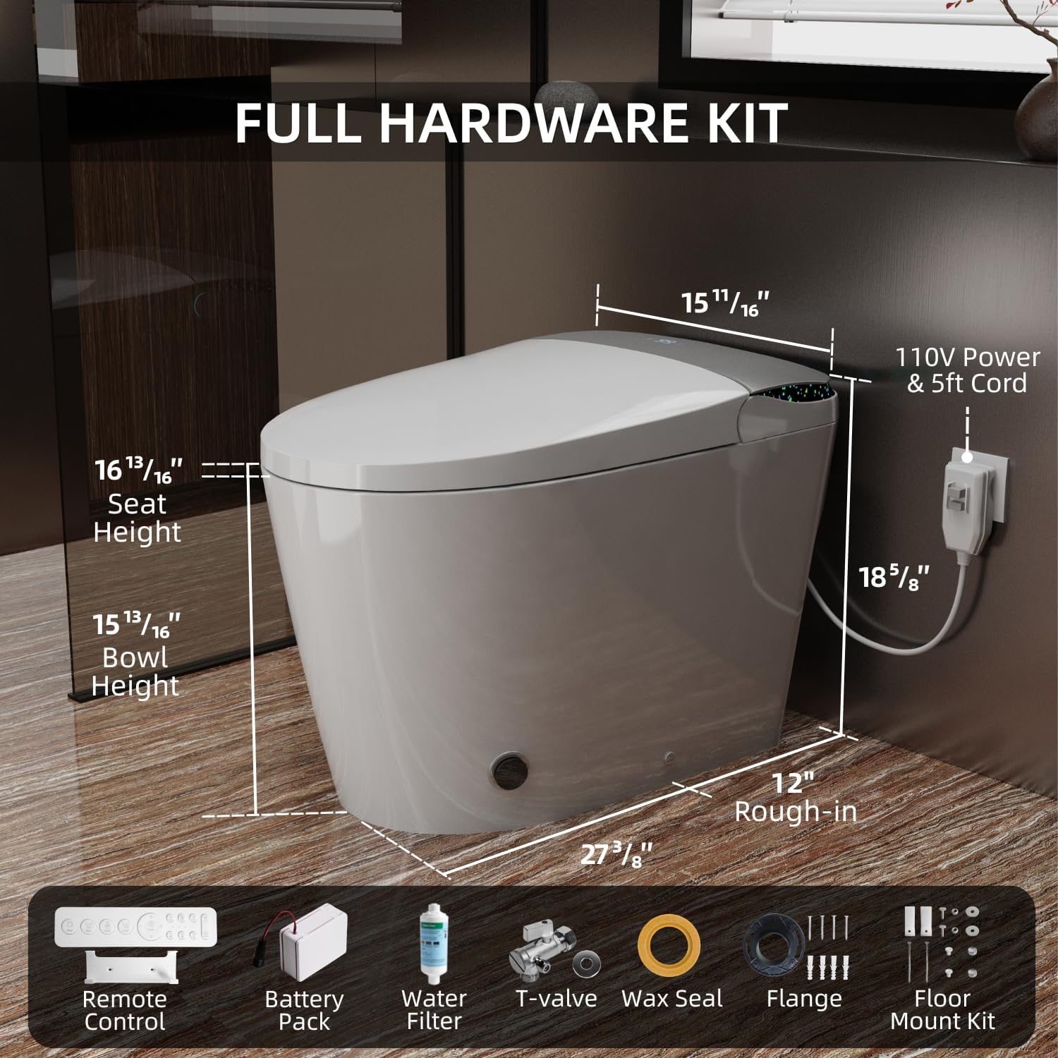 E6 Smart Toilet with Bidet, Built-In Tank for Low Water Pressure, Auto Open and Close Lid, Foot Sensor Flush, Instant Warm Water, Heated Seat, Warm Air Dryer, UV Nozzle Light, Remote Control