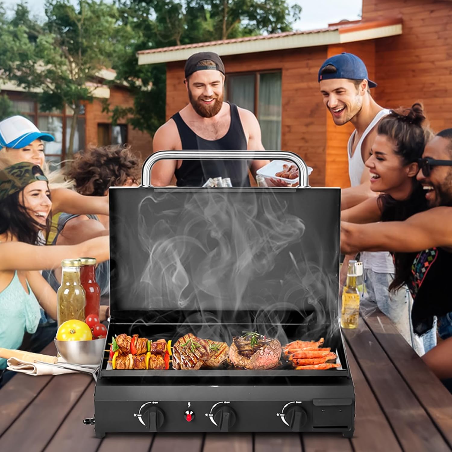 Premium Flat Top Gas Griddle Cooking Station with Ceramic-Coated Cast Iron Surface for Outdoor Barbecue and Backyard Cooking