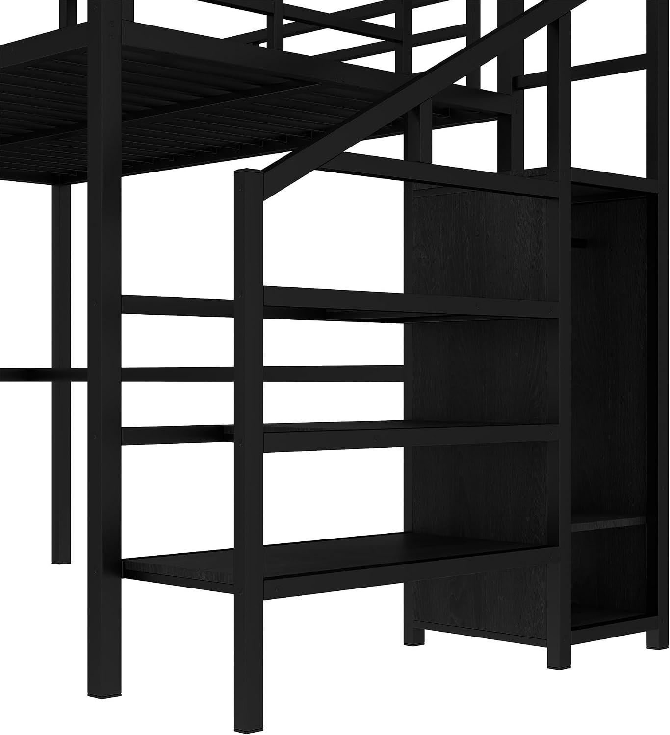 Full Size Metal Loft Bed with Desk and Wardrobe,Heavy Duty Loft Bed Frame with Storage Stairs,LED Lights and Charging Station for Kids,Teens,Adults,Space Saving,Full Size,Black