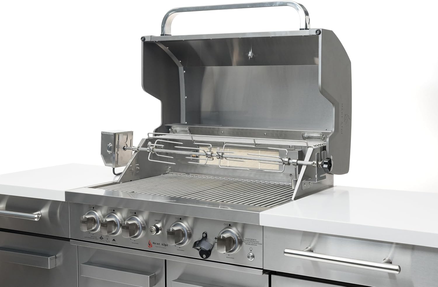 Mont Alpi Premium 70'W x 24'D x 46'H Stainless Steel Outdoor Kitchen Island with Refrigerator + 32'W 4-Burner BBQ Grill + Accessory Bundle - Natural Gas Conversion Kit + Griddle Plate + Charcoal Tray