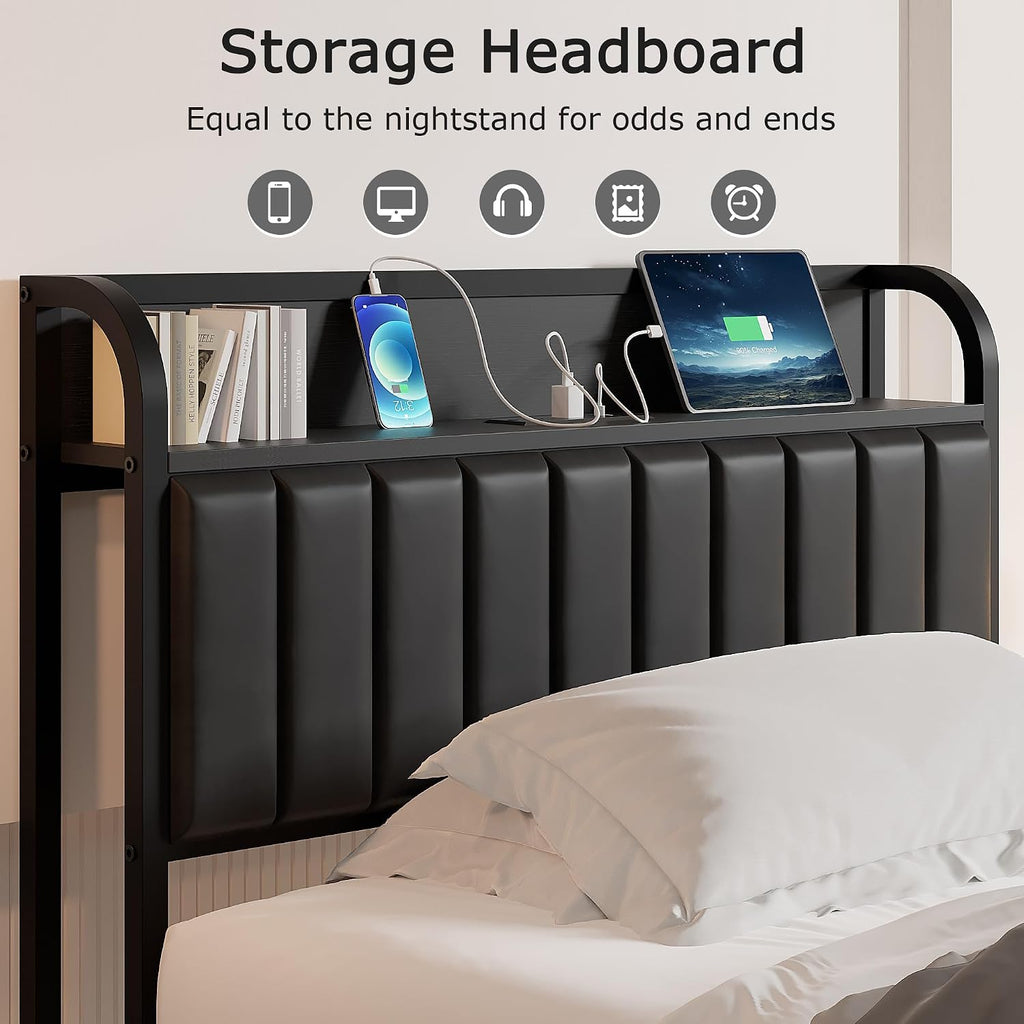 VECELO Twin Bed Frame, Storage Upholstered Headboard with Charging Station, Platform Bedframe, Heavy Duty Metal Slats, No Box Spring Needed, Noise-Free, Easy Assembly, Dark Black