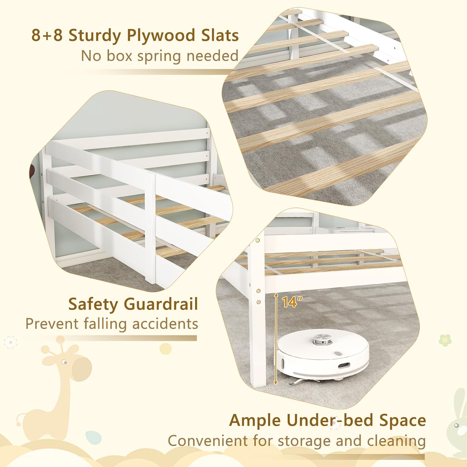 Giantex Double Twin Bed Frames for Kids, Wood House Shaped Platform with Built-in Nightstand & USB Port, 2 Shared Beds for Teens, Boys & Girls, White
