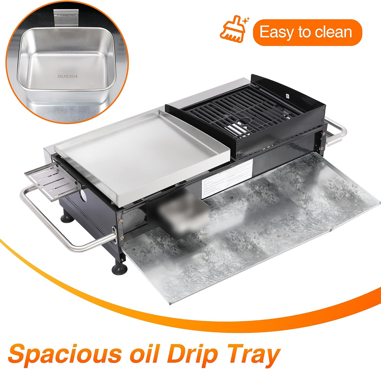 Propane Gas Griddle Grill Combo 2-in-1 – 4 Burner Flat Top Grill & Cast Iron Grate, Tabletop BBQ with Side Shelves, Stainless Steel Outdoor Cooker for Camping, Backyard, Patio, Tailgating