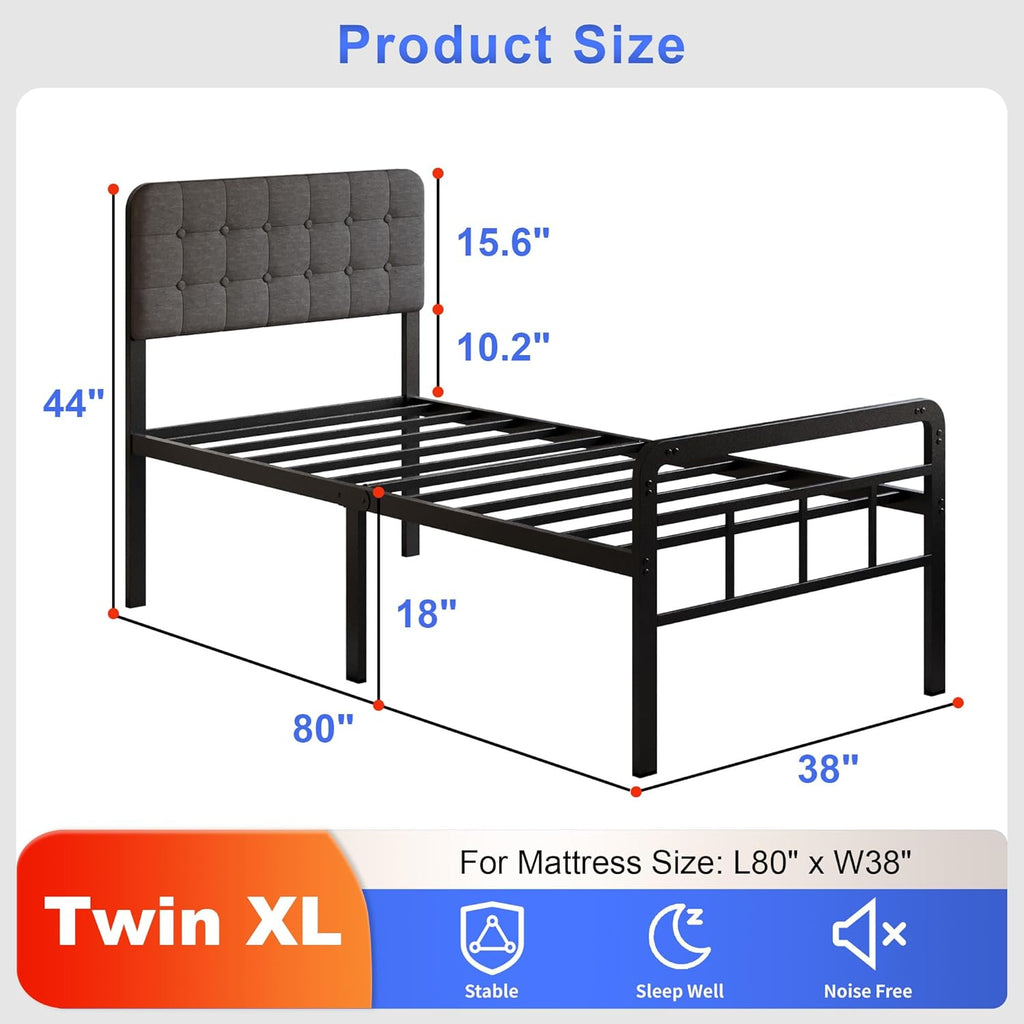 18 Inch Twin XL Bed Frame with Upholstered Headboard and Footboard, Heavy Duty Metal Slats, with Under Bed Storage, No Noise, No Box Spring Needed, Easy Assembly, Black