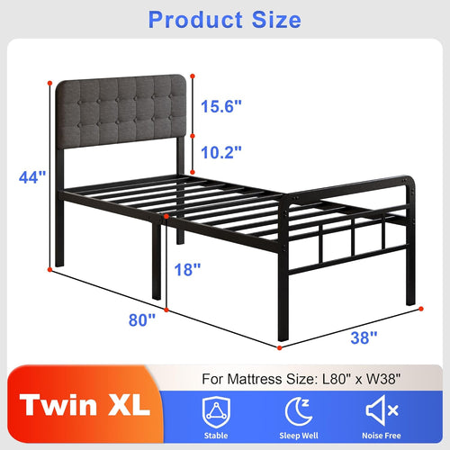 18 Inch Twin XL Bed Frame with Upholstered Headboard and Footboard, Heavy Duty Metal Slats, with Under Bed Storage, No Noise, No Box Spring Needed, Easy Assembly, Black