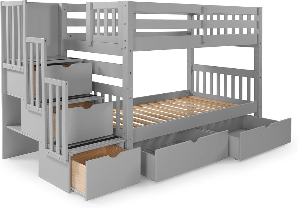 Bedz King Stairway Bunk Beds Twin Over Twin with 3 Drawers in the Steps and 2 Under Bed Drawers, Grey