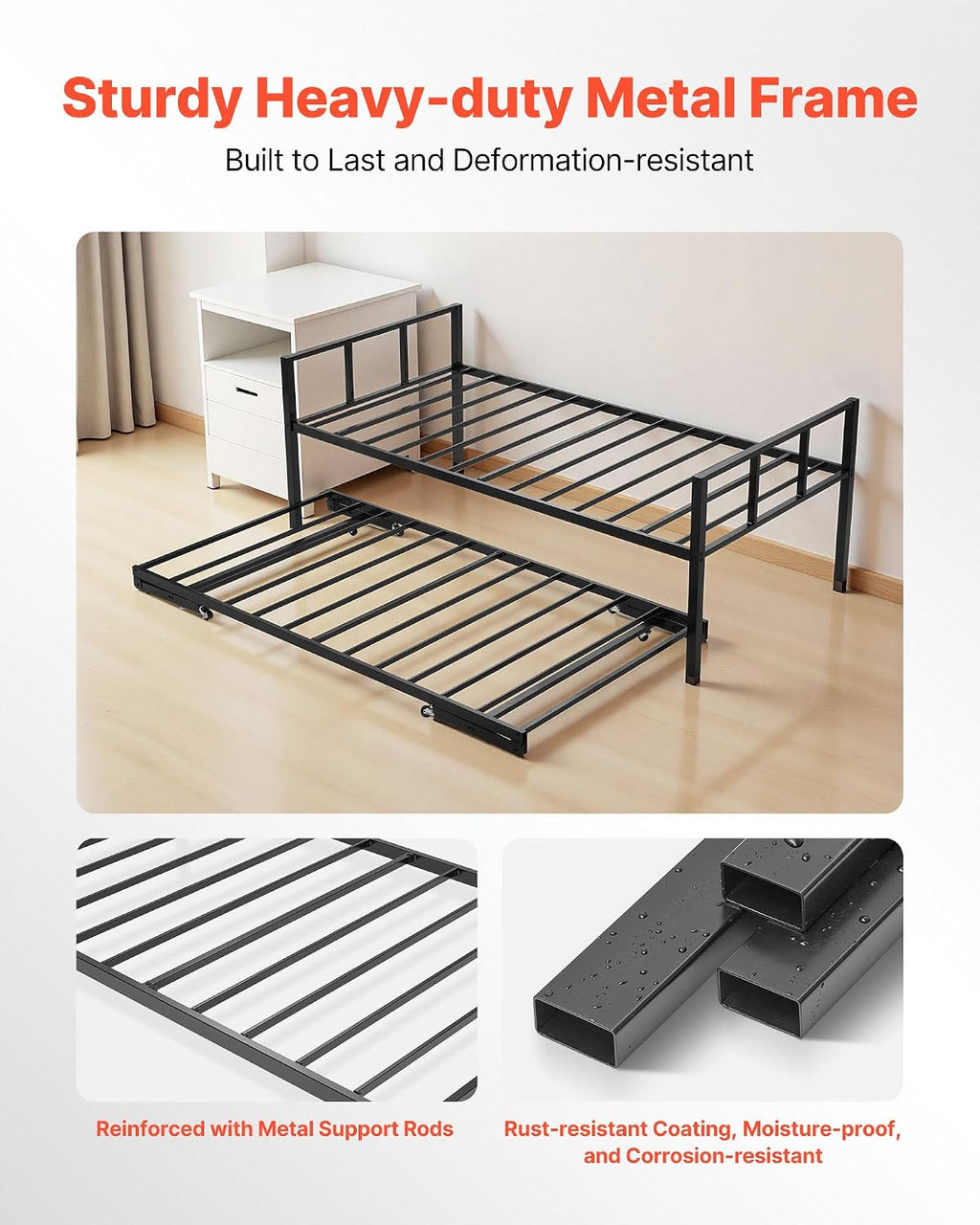 VEVOR Twin Size Daybed Frame, Day Bed with Trundle, Heavy Duty Metal Platform Bed Frame, Twin Daybed with Metal Slats Support for Living Room, Bedroom, Guest Room, Easy Assembly, Black