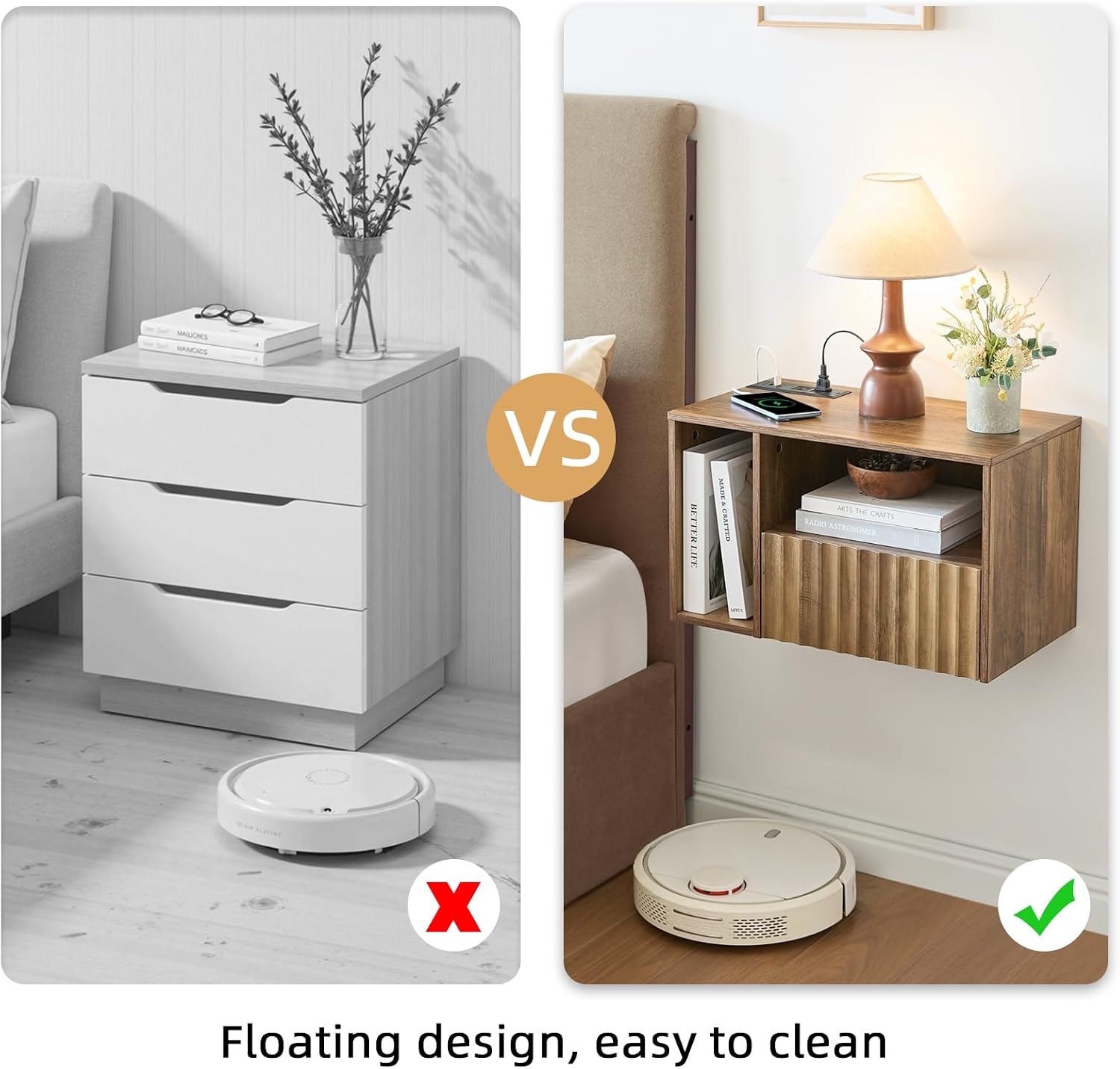 BuildHom Floating Nightstand with Charging Station - Modern Rustic Brown Fluted Bedside Table with Drawer, USB Ports & Outlets (Set of 2)