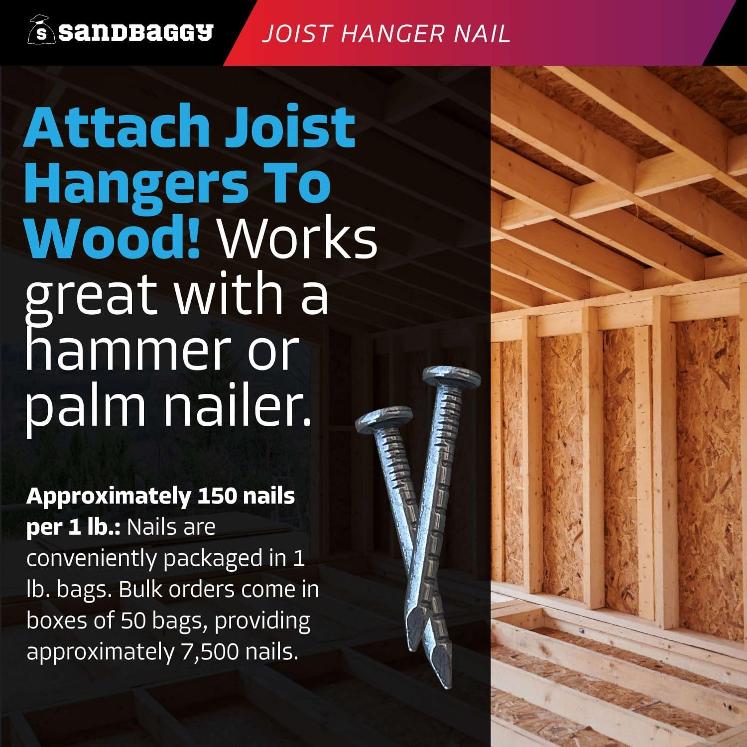 Sandbaggy 1-1/2' Joist Hanger Nails (appx. 150 nails/lb) - Barbed Shank, 9 Gauge Steel, 5/16' Diameter Round Head - 4d Nail (100, Pounds)