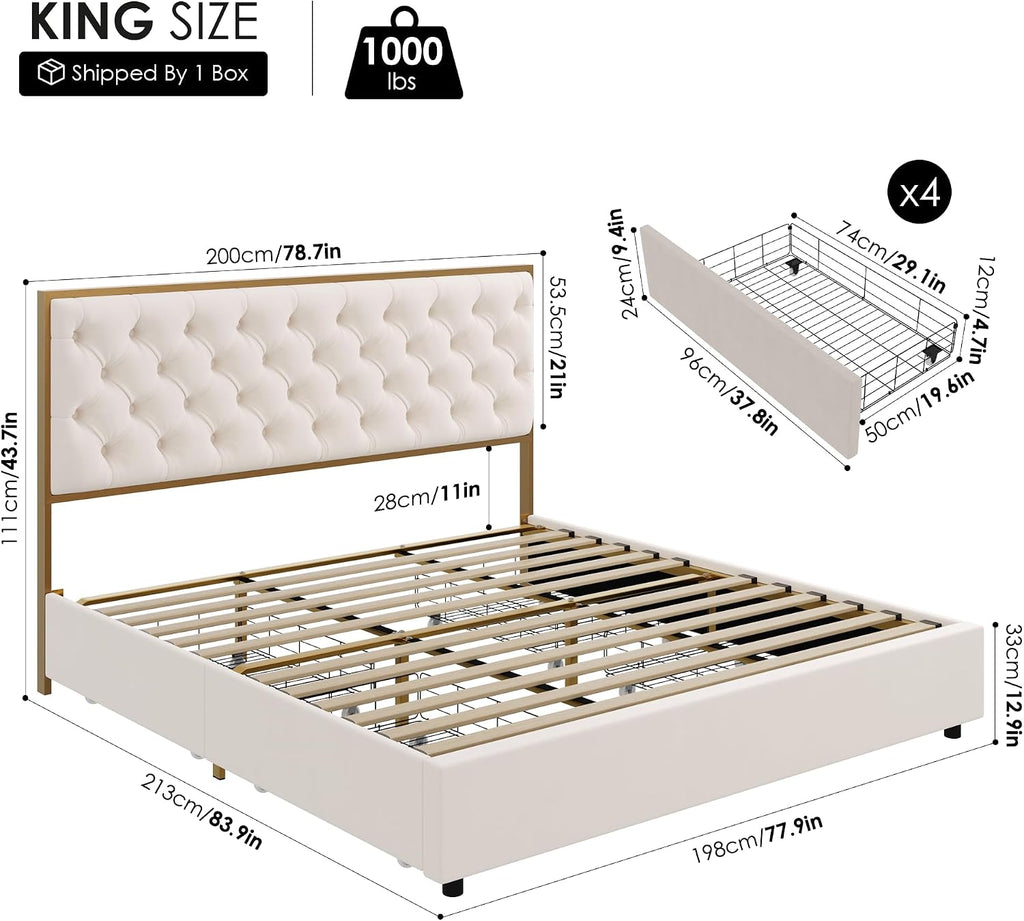HIFIT King Upholstered Bed Frame with 4 Storage Drawers and Handmade Button Tufted Headboard, Modern Velvet King Size Platform Storage Bed with Solid Wooden Slat, No Box Spring Needed, Golden & Beige