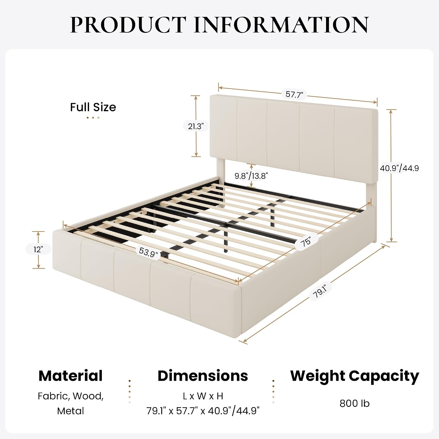 SHA CERLIN Full Size Bed Frame, Dutch Velvet Upholstered Platform Bed, Vertical Channel Tufted Adjustable Headboard, Low Profile Bed Frame, No Box Spring Needed, Easy Assembly, Cream