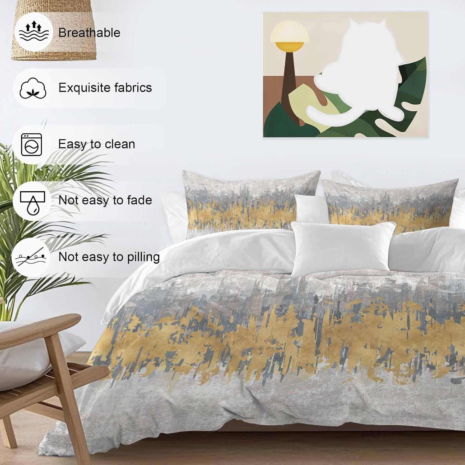 Abstract Duvet Cover Set Queen Size 4 Pieces Yellow Grey Graffiti Silhouette Art Modern Painting Bedding Set with Zipper Closure, 1 Comforter Cover 90x92 Inches 1 Flat Sheet & 2 Pillow Cases