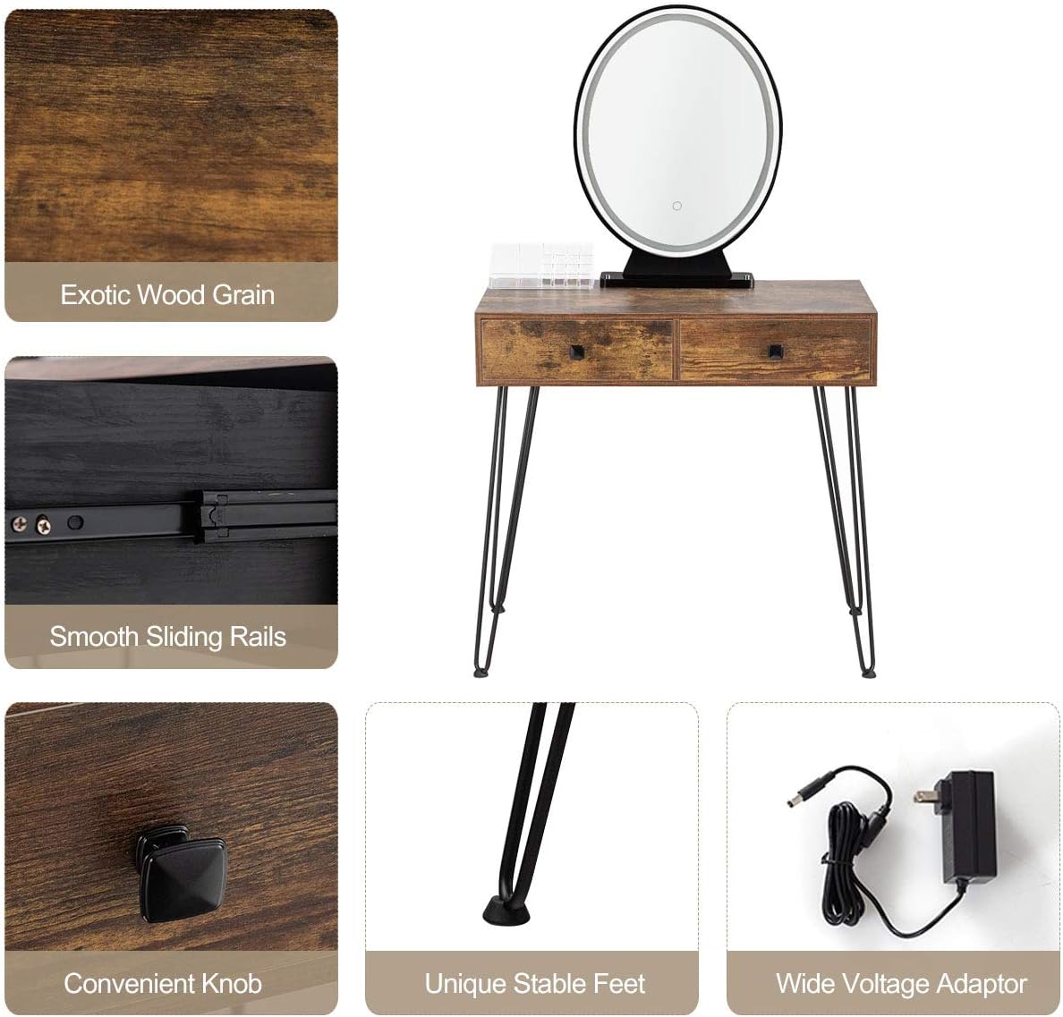 CHARMAID Makeup Vanity Table with Lighted Mirror, 3 Lighting Sets, Adjustable Brightness, 2 Large Drawers, Acrylic Storage Boxes, Girls Bedroom Dressing Table Vanity Set with Stool (Rustic Brown)