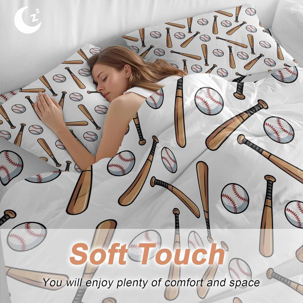 Baseball Duvet Cover Set Queen Size 4 Pieces Retro Sports Style Baseball Bats Minimalist Modern Bedding Set with Zipper Closure, 1 Comforter Cover 92x106 Inches 1 Flat Sheet & 2 Pillow Cases