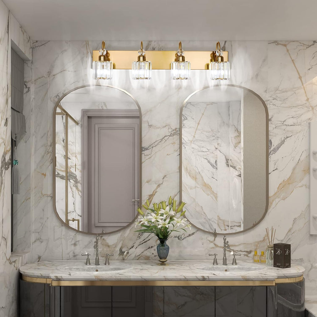 Ralbay Brass Gold Vanity Lights 4-Lights Crystal Bathroom Lighting Fixtures Over Mirror Modern Wall Lighting for Bathroom