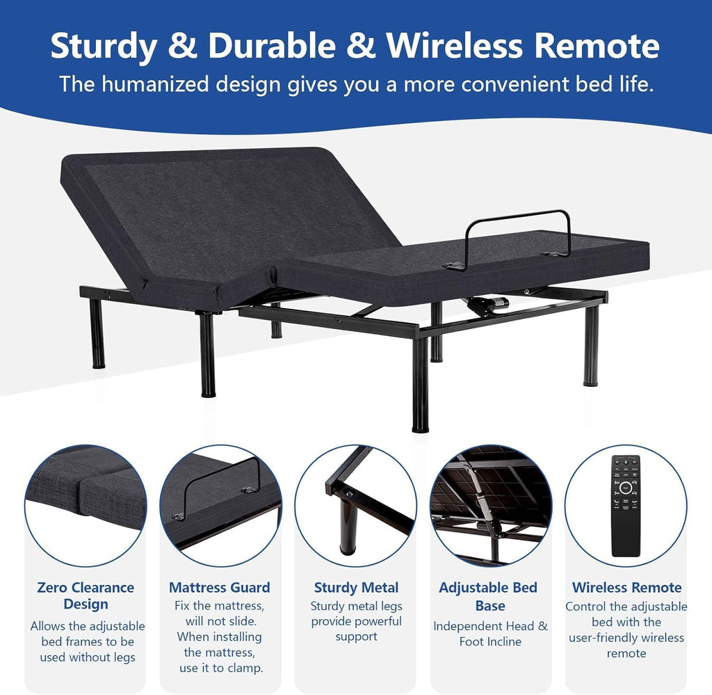 Full Size Adjustable Bed Frame with Massage, Upgrade Bed Base with Adjustable leg height,Separate Head/Foot Lift,Voice control,Anti-Snore/Zero Gravity,USB Ports, LED Light, Smart Electric Beds