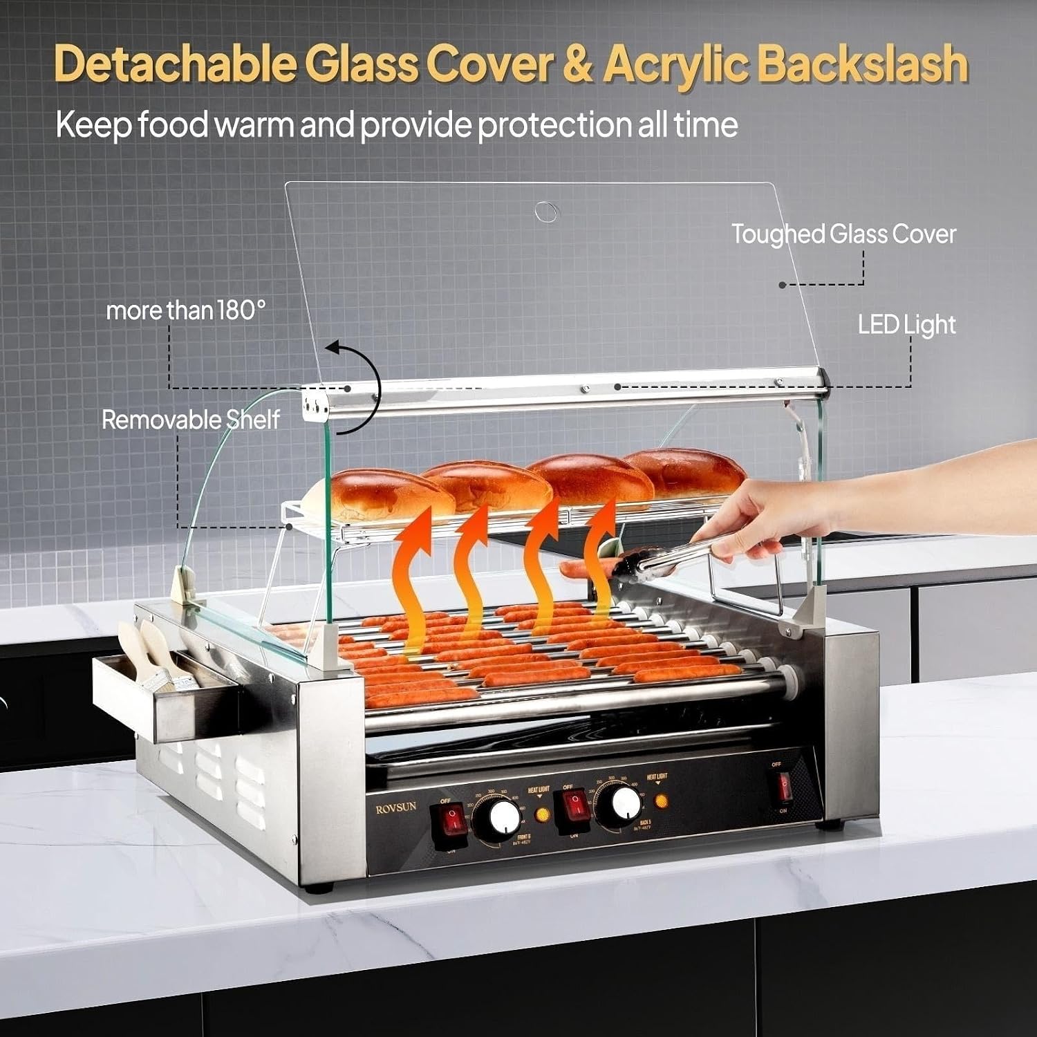 ROVSUN Hot Dog Roller, 30 Hot Dog 11 Rollers ETL Certified, Hot Dog Machine Sausage Grill Cooker with Dual Temp Control, Glass Cover, LED, Side Storage Box, Shelf & Drip Tray for Home Commercial 1650W