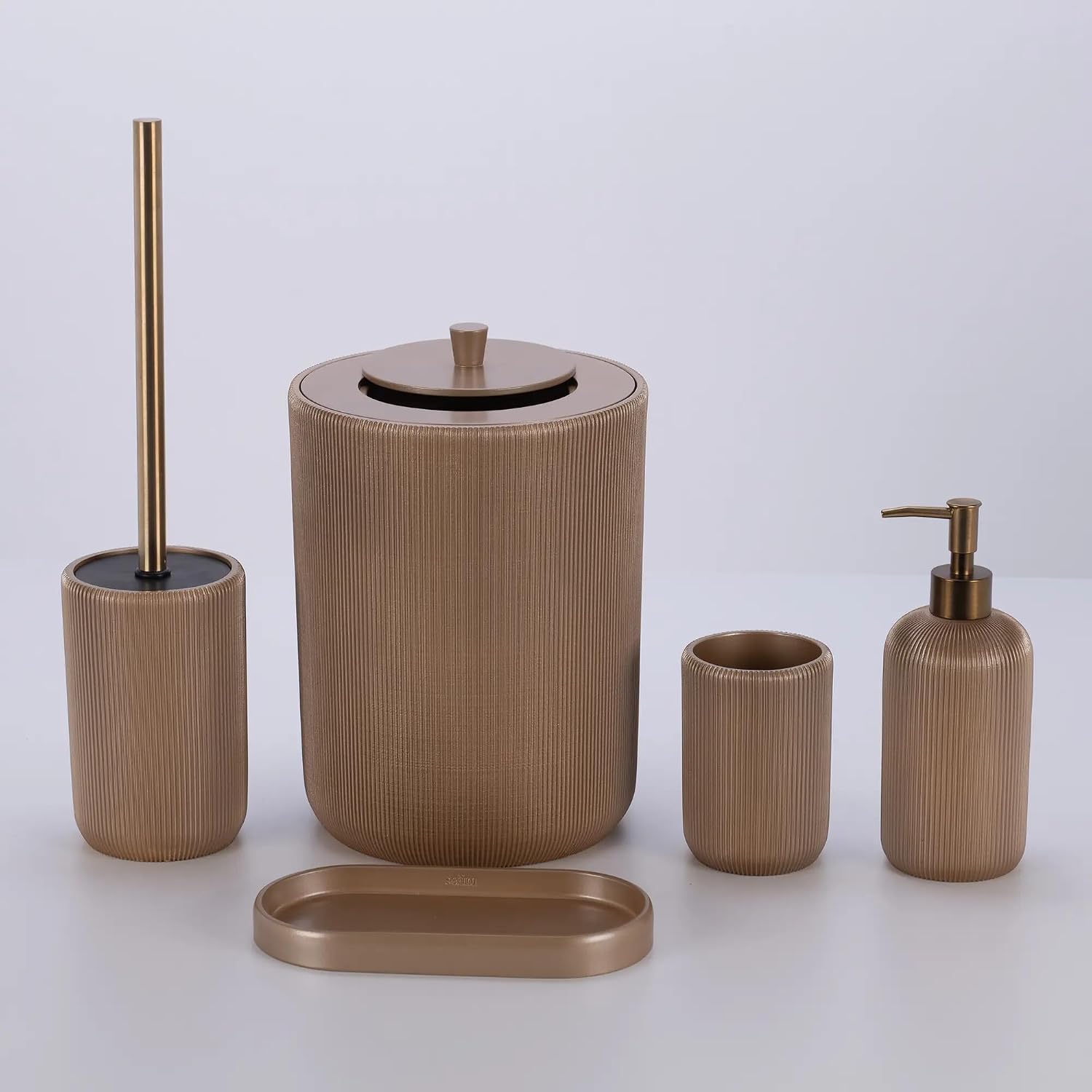 Lydia Collection 5-Piece Resin Bathroom Accessories Set – Toilet Brush Holder, Waste Bin, Soap Dispenser, Tray & Toothbrush Holder (Mink)