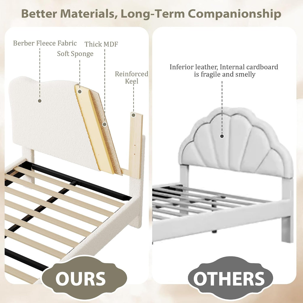 GarveeHome Upholstered Twin XL Size Bed Frame for Kids with Scallop Headboard, Cute Velvet Twin XL Bed for Girls, Boys, Sturdy Platform Bed, No Box Spring Needed, Wooden Slats, Noise Free, Beige
