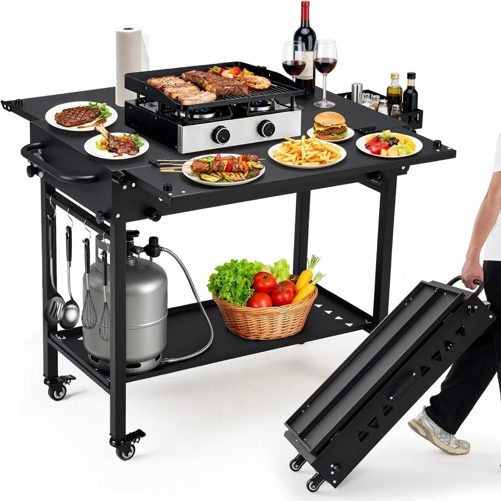 Portable Outdoor Grill Table with Wheels, Heavy-Duty Steel Prep Table, Folding Griddle Stand with Shelves, Bottle Opener, No Assembly Required, for BBQ, Pizza Oven, Patio