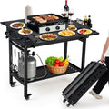 Portable Outdoor Grill Table with Wheels, Heavy-Duty Steel Prep Table, Folding Griddle Stand with Shelves, Bottle Opener, No Assembly Required, for BBQ, Pizza Oven, Patio