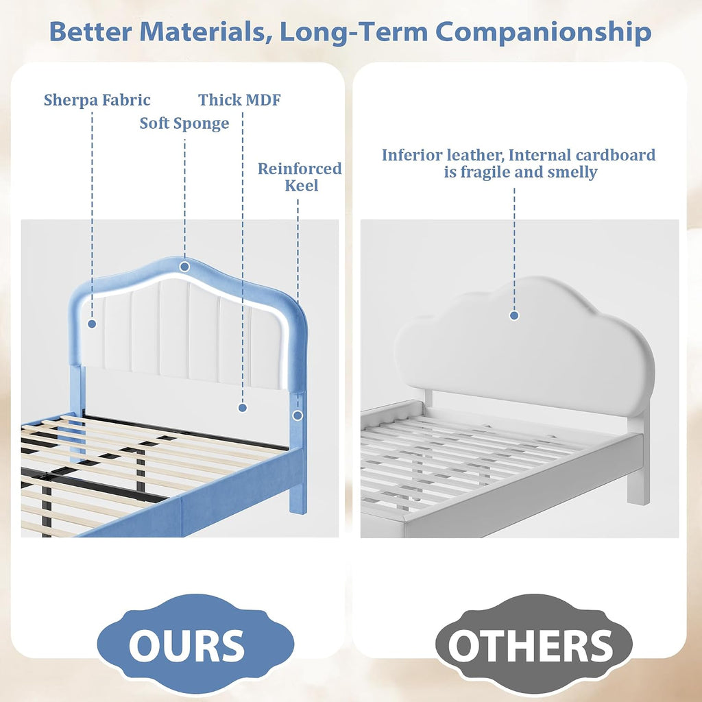 GarveeHome Upholstered Twin Bed Frame with Led Lights and Storage Drawer, Cute Velvet Led Bed Frame with Headboard for Kids, Girls, Boys, No Box Spring Needed, Wooden Slats, Noise Free, Blue