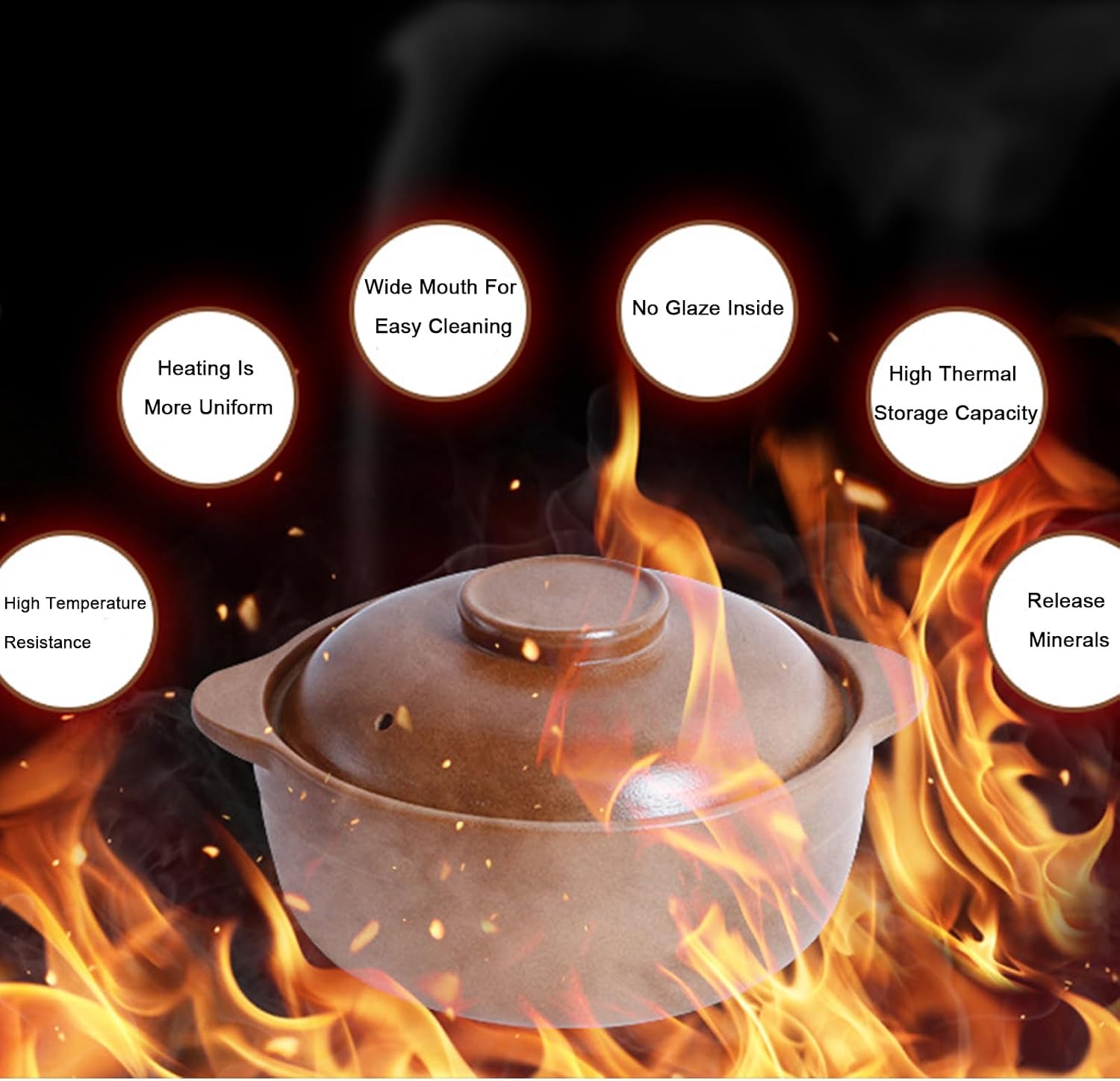 Clay Cooking Pot with Lid and Dual Handles - Round Ceramic Casserole for Soup and Stews, Uniform Heating Household Braiser Pan-Brown-0.3L/0.317Quart