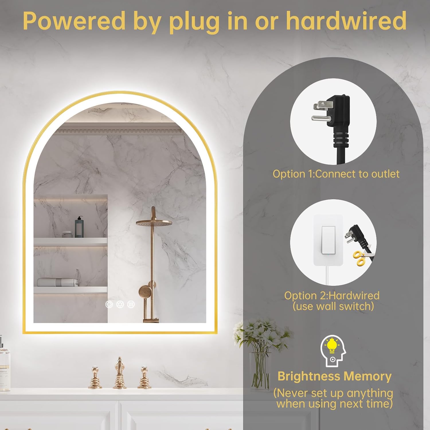 Arched LED Mirror for Bathroom 24'x30', Brushed Gold Lighted Bathroom Mirror with Lights, Fogless, Dimmable, Shatterproof, Touch Sensor, 3 Color Changing