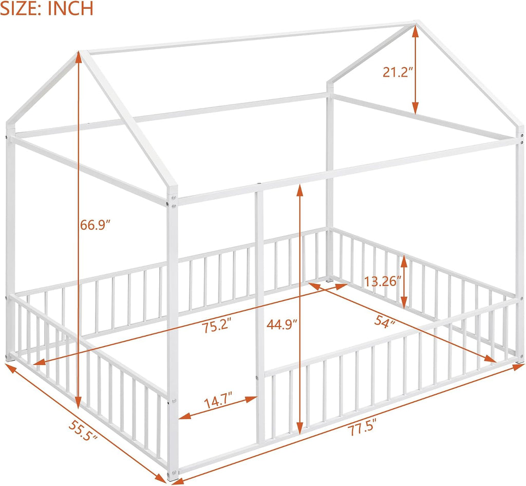 Bellemave Full Floor Bed Frame, Metal Montessori Floor Bed Full with Fence for Boys Girls Bedroom Playhouse for Kids No Slat, Easy Assembly House Shaped Floor Beds White