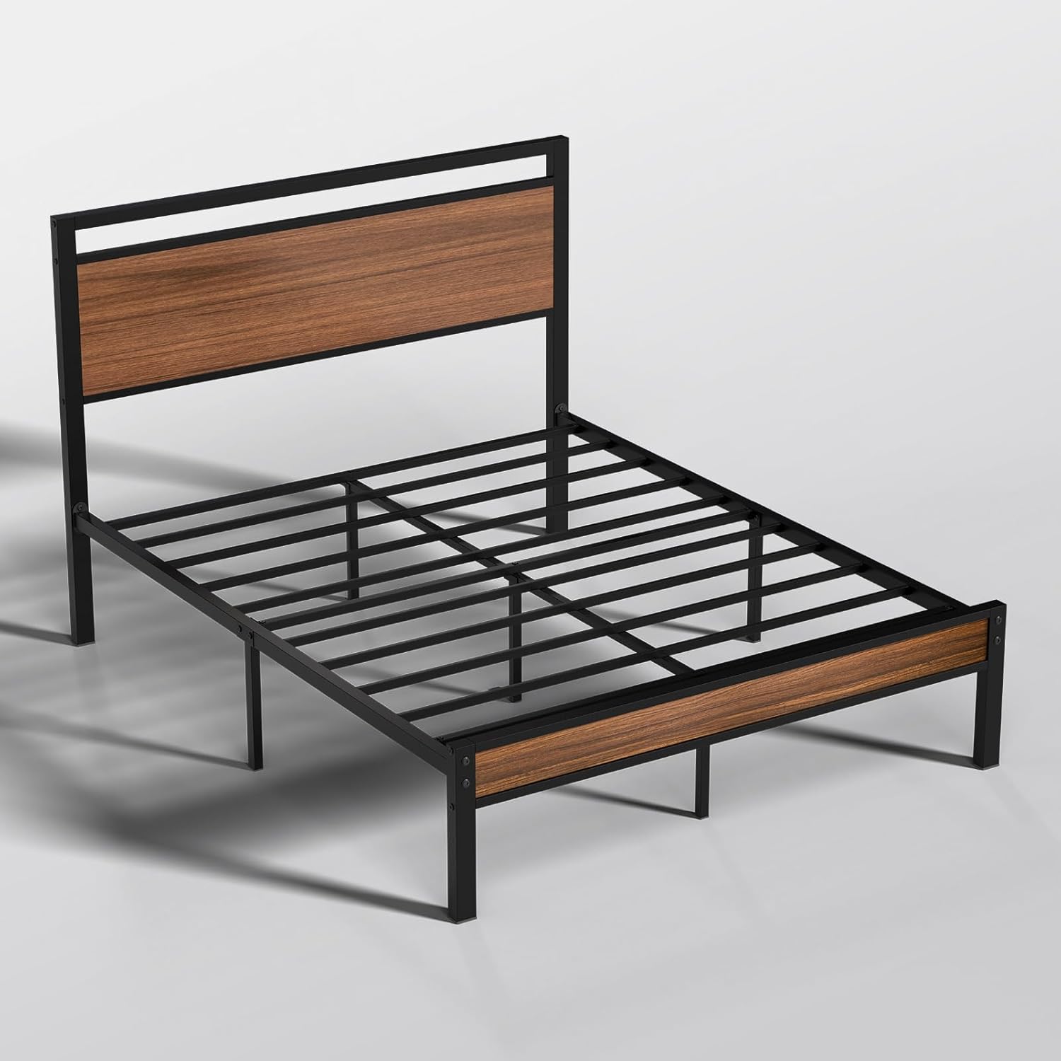 Easy Assembly Queen Bed Frame with Modern Wood Headboard & Footboard, Upgraded Heavy Duty Metal Sturdy Bed Frame Queen Size, Stable Platform Bed Furniture Bed Storage, No Noise, No Box Springs, Walnut