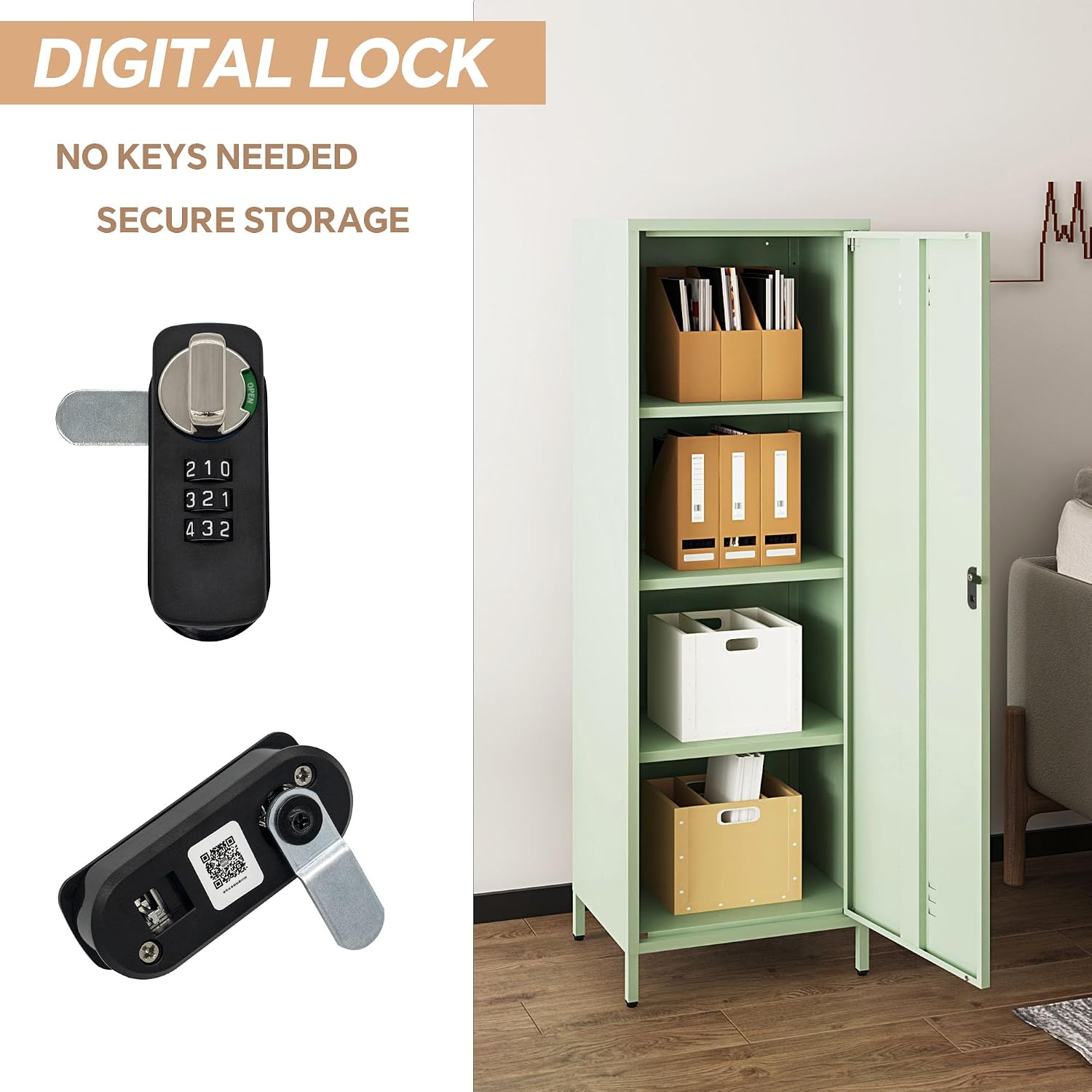 MIOCASA Metal Locker Storage Cabinet for Kids 59.06-inch Steel File Cabinet with Digital Lock & 3 Shelves for School, Bedroom, Home Office, Gym and Changing Room (Green)