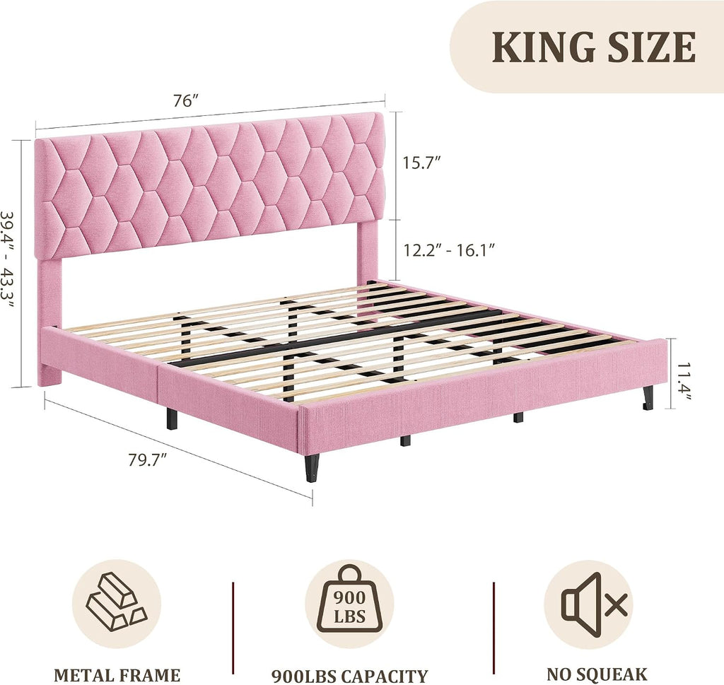 GarveeHome Pink King Bed Frame with Upholstered Headboard, Heavy-Duty Platform Bed Frame with Strong Wood Slats, No Box Spring Needed/Noise Free/Easy Assembly
