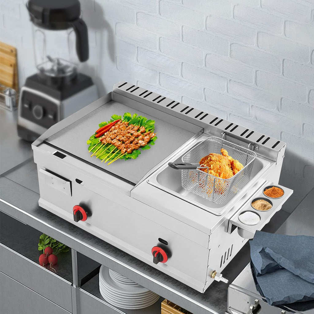 2-in-1 Commercial Propane Deep Fryer with Griddle, 6.34QT Stainless Steel Gas Propane Flat Top Grill Griddle with Removable Basket Countertop Fryer with Temperature Control for Restaurant Home Kitchen