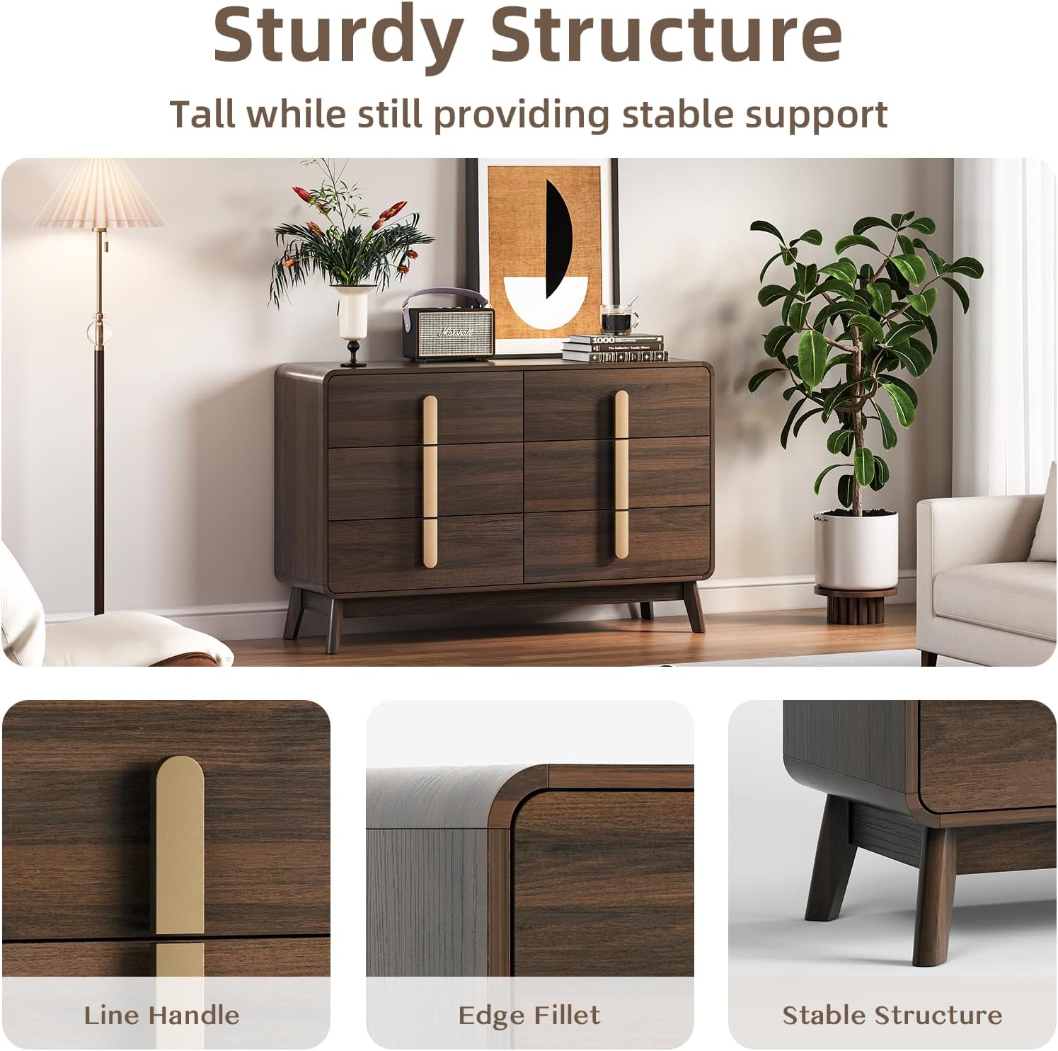 JOINICE Dresser for Bedroom with 6 Drawers,Mid Century Modern Dresser with Storage,47' Wide Chest of Drawers with Metal Handles,Large Wood Drawer Organizer for Bedroom,Living Room,Hallway,Walnut