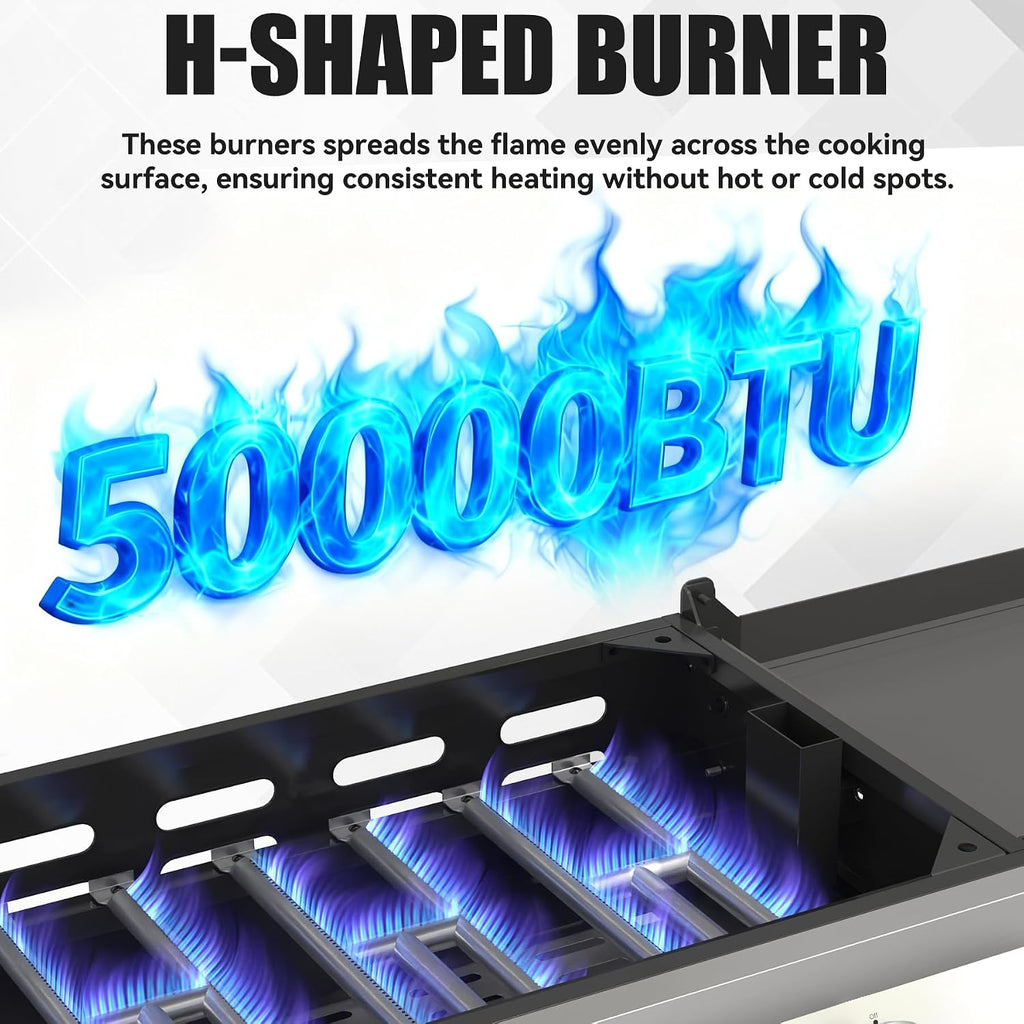 5 Burner Propane Grill with Rainproof Cover 36inch Outdoor Flat Top Griddle Foldable Side Table for Backyards Barbecue