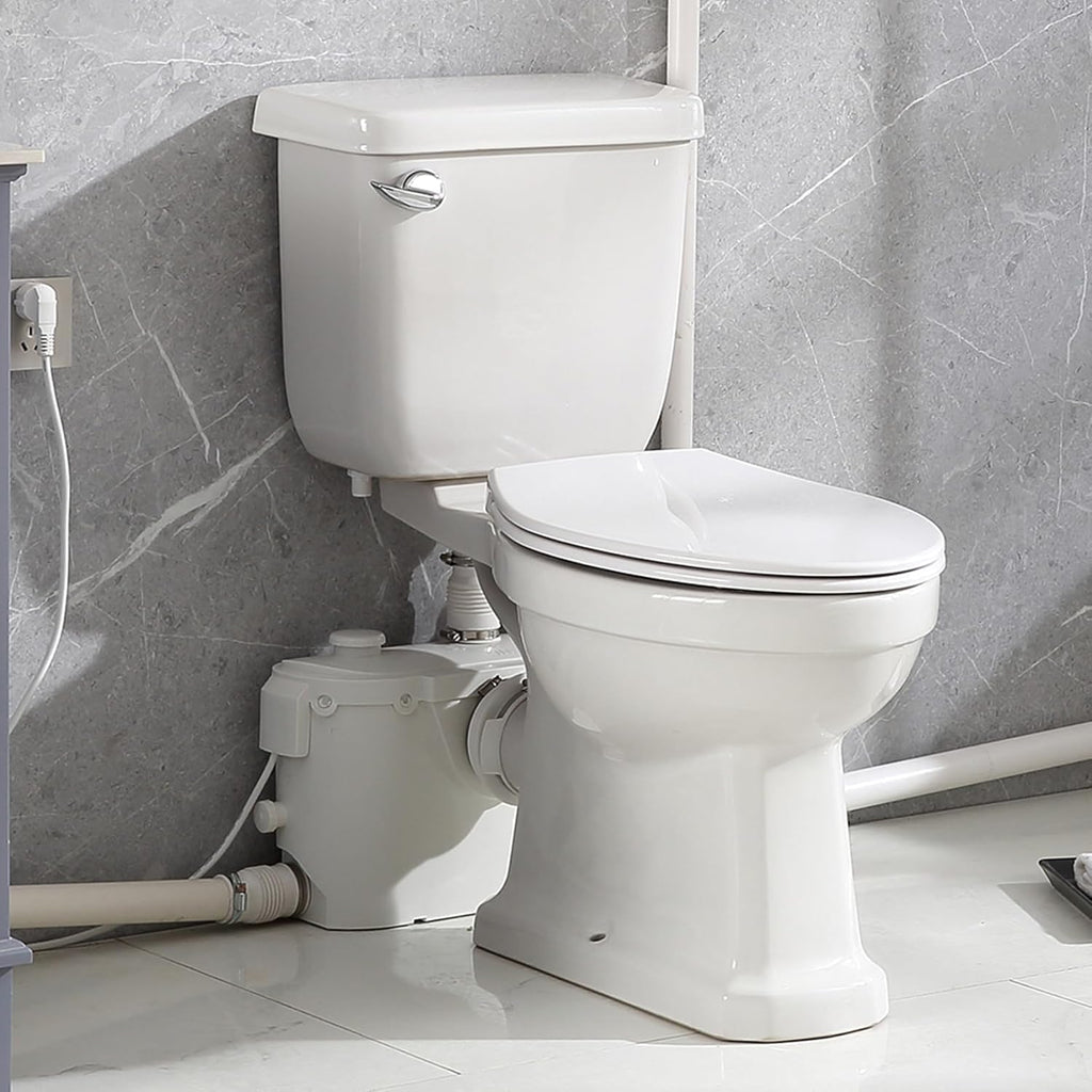 Macerating Toilet with 500W Pump, Two Piece Toilet with Extension Pipe,Elongated Bowl, Toilet Tank with Front Flush Valves, 3 Water Inlets Connect Full Bathroom, Sink, Toilet, Water Disposal